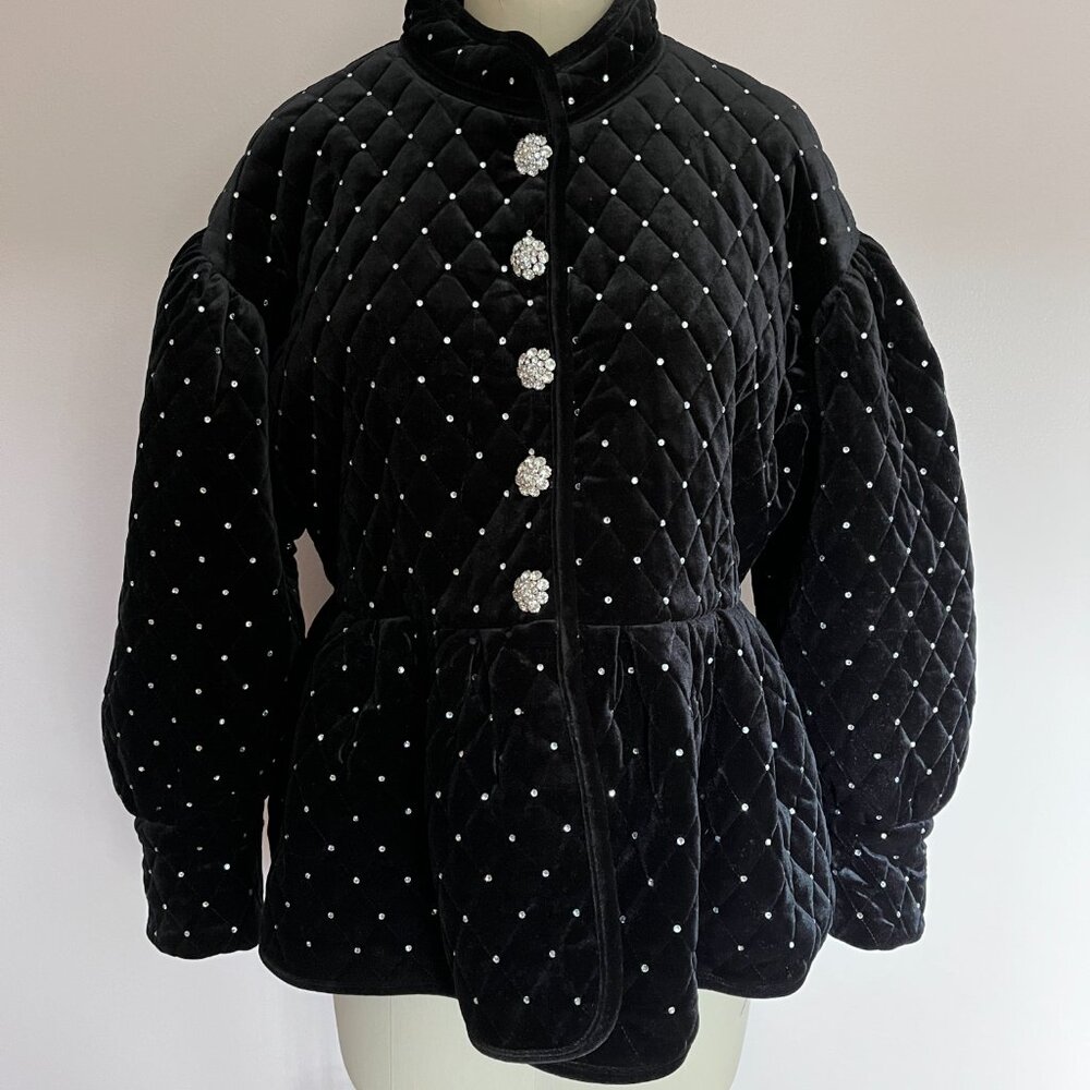 Vintage 80s Black Velvet Rhinestone Studded Peplum Jacket Sz. M/L